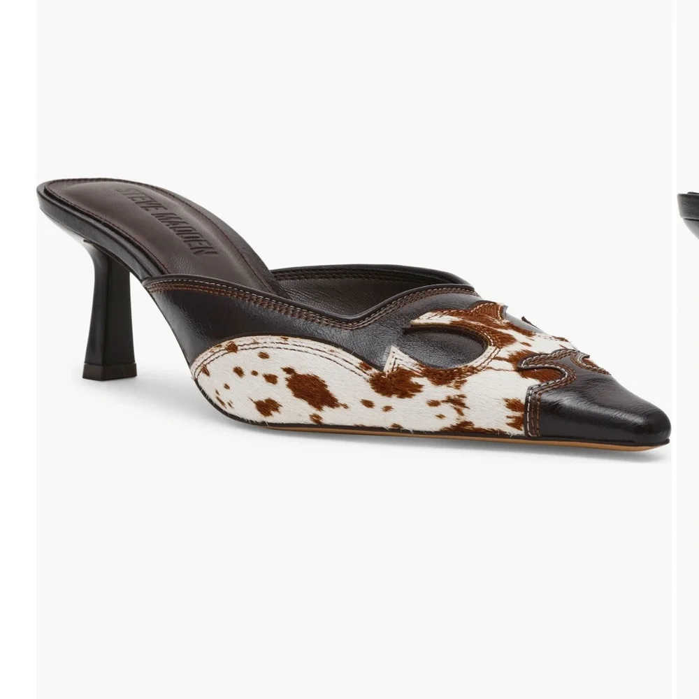 Steve Madden Lisbeth Cow Print Pointed Toe Kitten Heel Mule Heels NWT - Picture 1 of 12